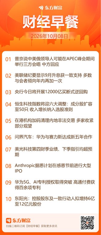 东方财富财经早餐 10月8日周四